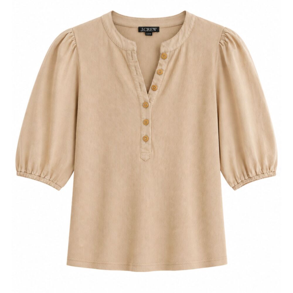 J.Crew Perfect Rib Puff-Sleeve Henley Shirt in Beige